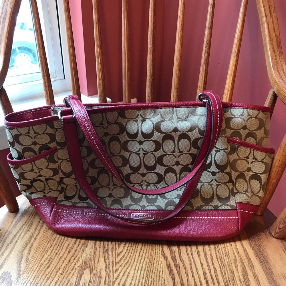 Brown and Red Coach Tote Bag